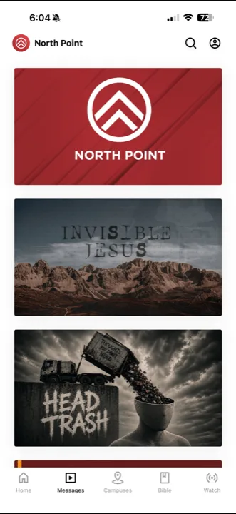 The North Point app open on the Messages tab, showing the Invisible Jesus and Head Trash series.